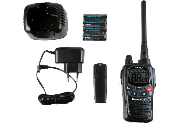 Midland G9 Pro - LPD PMR 446 16 Kanal Handfunkgerät, Tischlader, Akkus